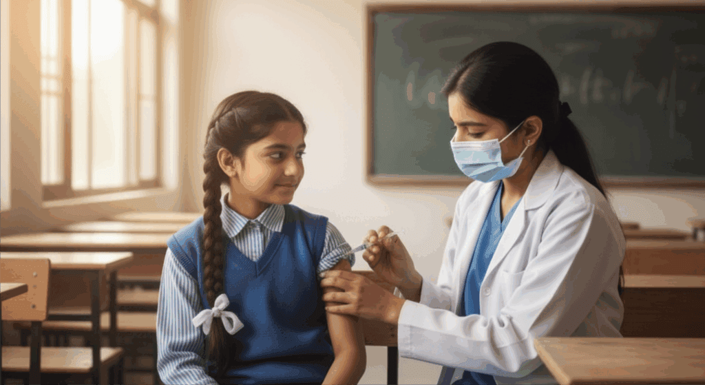Pakistani school girl getting HPV vaccine in classroom setting