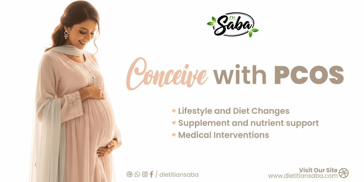 Illustration of a thoughtful woman sitting with her hands on her lap, surrounded by soft symbolic elements like ovaries, hormone icons, and fertility symbols. The calm pastel background represents emotional struggle and hope, reflecting the challenges of trying to conceive with PCOS.