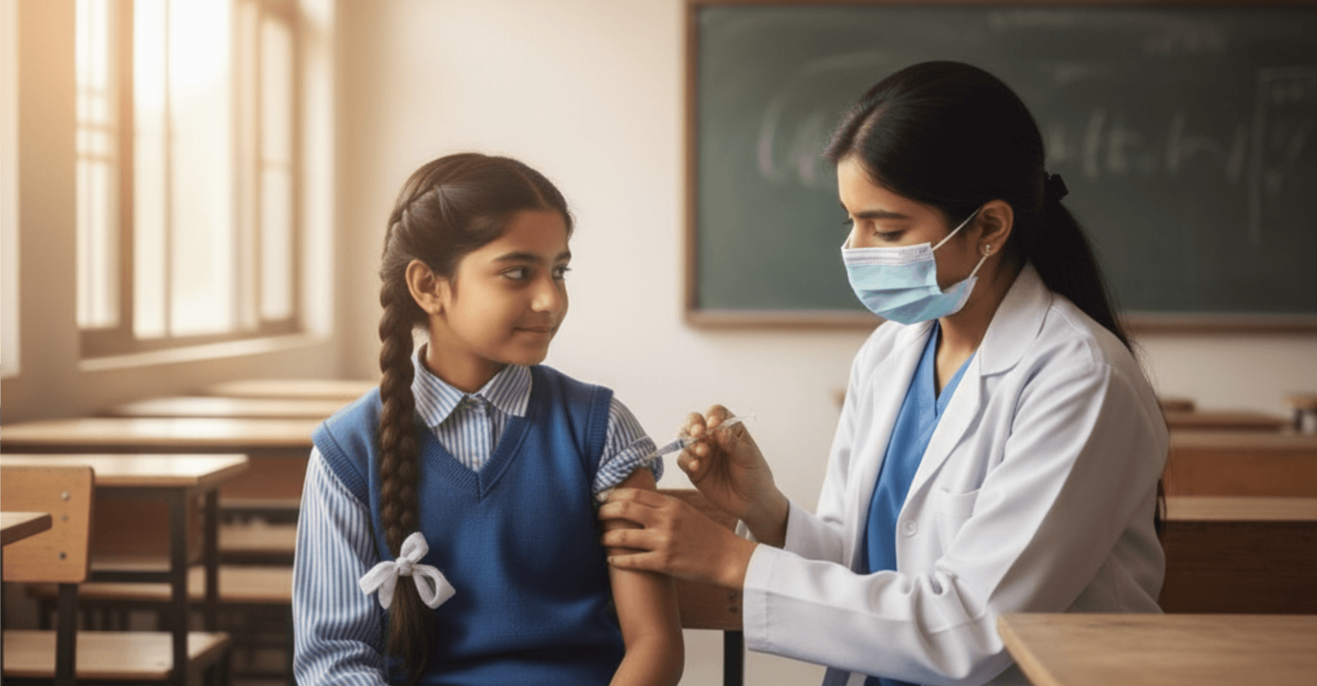 Pakistani school girl getting HPV vaccine in classroom setting